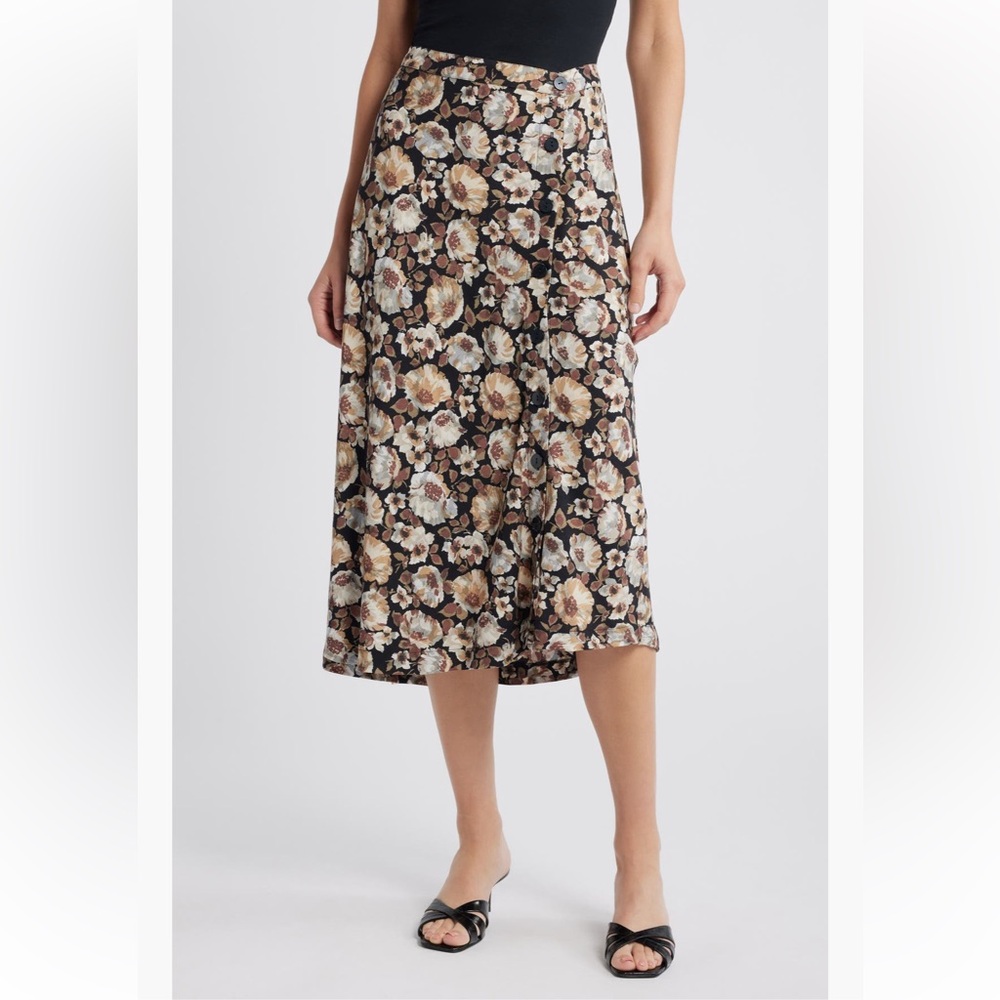 Nation LTD Floral Asymmetrical Midi Skirt in Black and Beige